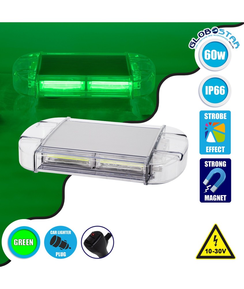 GloboStar® 85175 PRO Series Φάρος Σήμανσης Οχήματος Security - Ασφαλείας για Αυτοκίνητα & Φορτηγά 6 Προγραμμάτων Φωτισμού STROBE LED COB 60W DC 10-30V Αδιάβροχος IP66 Πράσινο